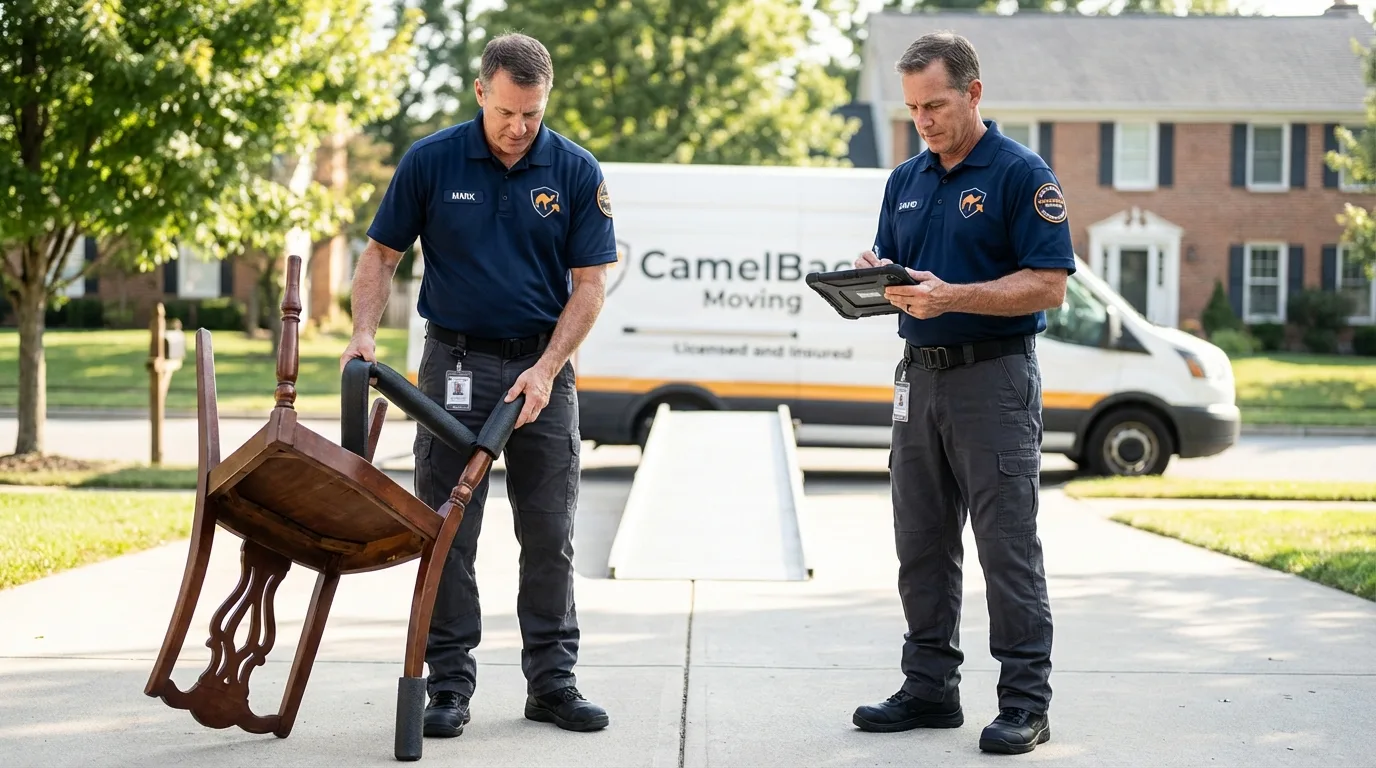 Movers inspecting furniture for damage prevention before loading in Spring Valley, NY