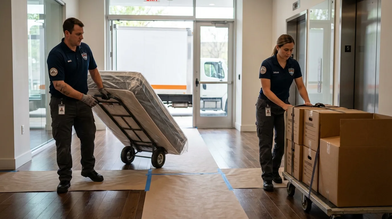 Professional apartment movers loading elevator in Spring Valley, NY