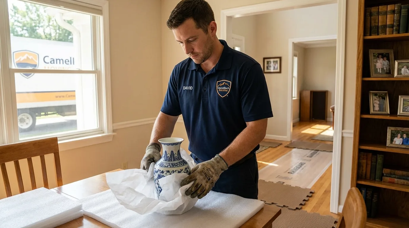 Professional crew carefully wrapping antique vase for senior downsizing move in Spring Valley, NY